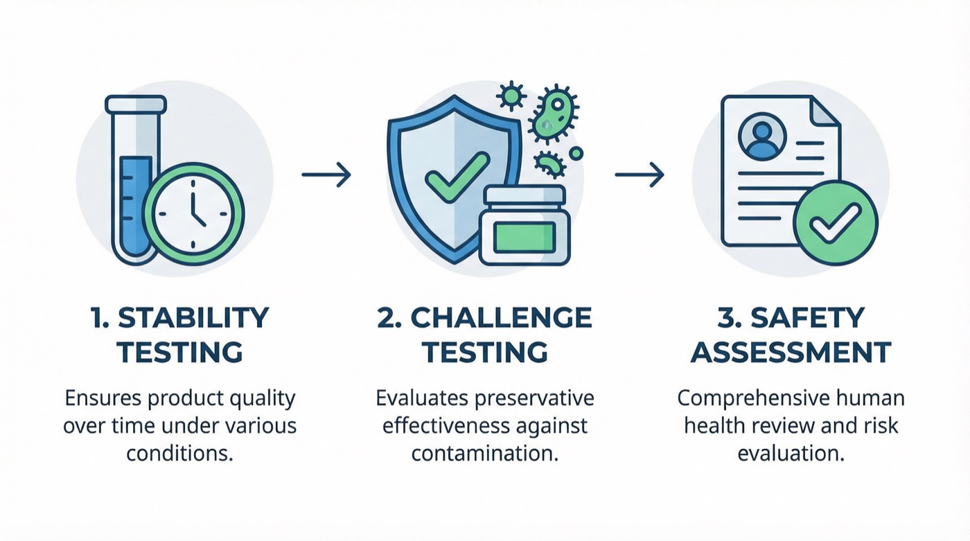 Cosmetic testing phases including stability testing and microbiological testing requirements
