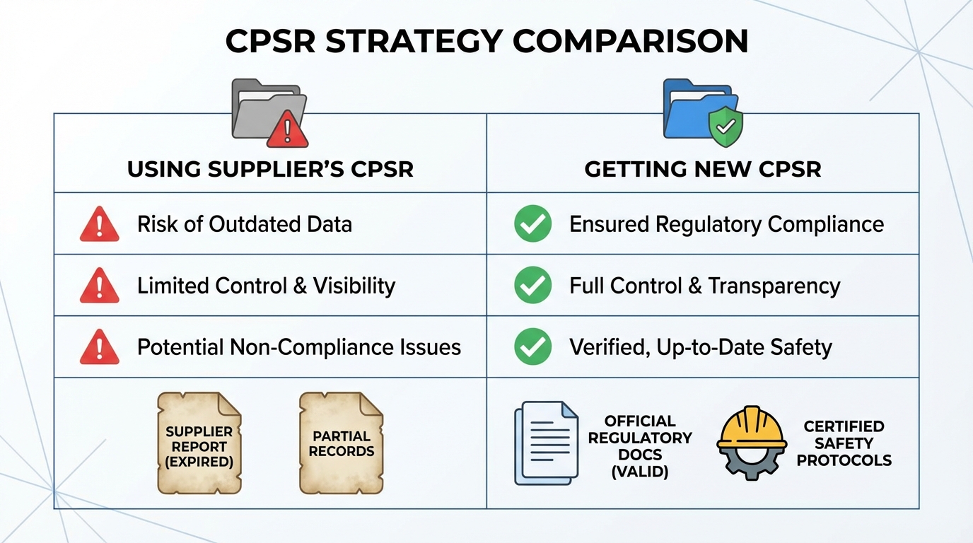 Comparison infographic showing supplier CPSR versus new CPSR requirements for white label cosmetics