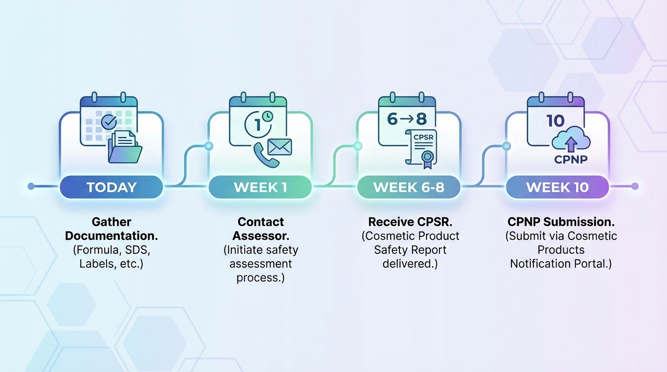 Timeline infographic showing cosmetic product launch schedule with CPSR milestones