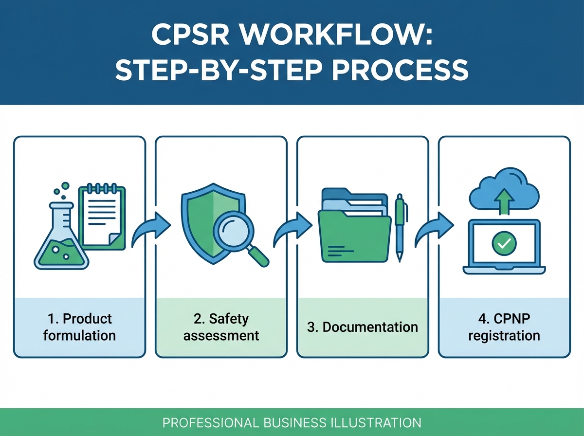 Step-by-step process diagram showing CPSR workflow from formulation to CPNP registration